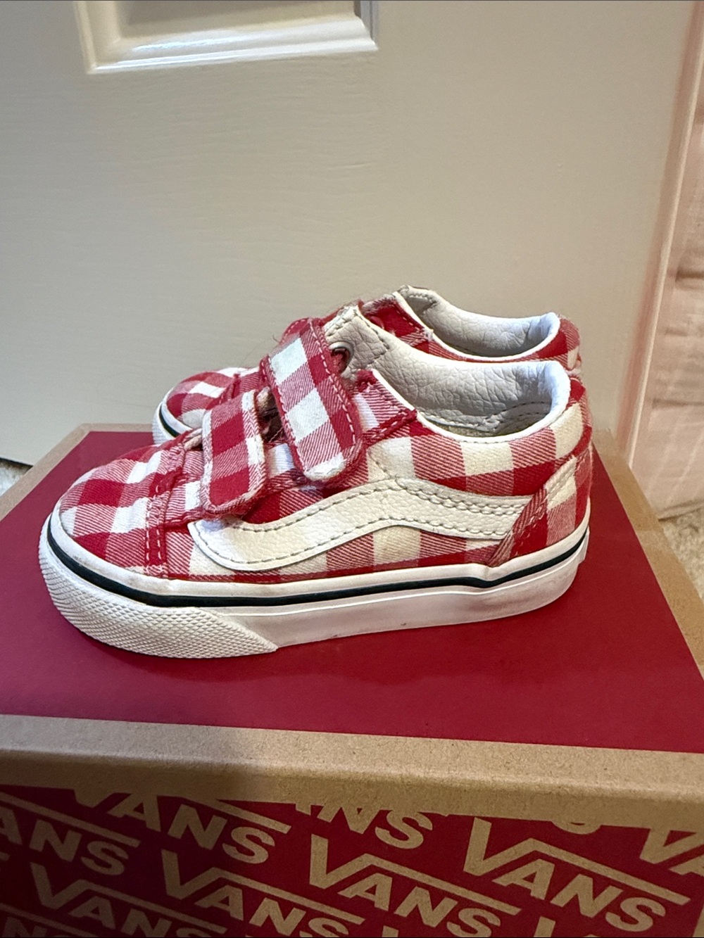 Vans Kids Red and White gingham Velcro Sneakers